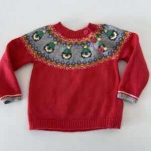 Mini Boden Sweater Baby 12-18M Red Fair Isle Penguin Pom Pom Festive Winter Crew